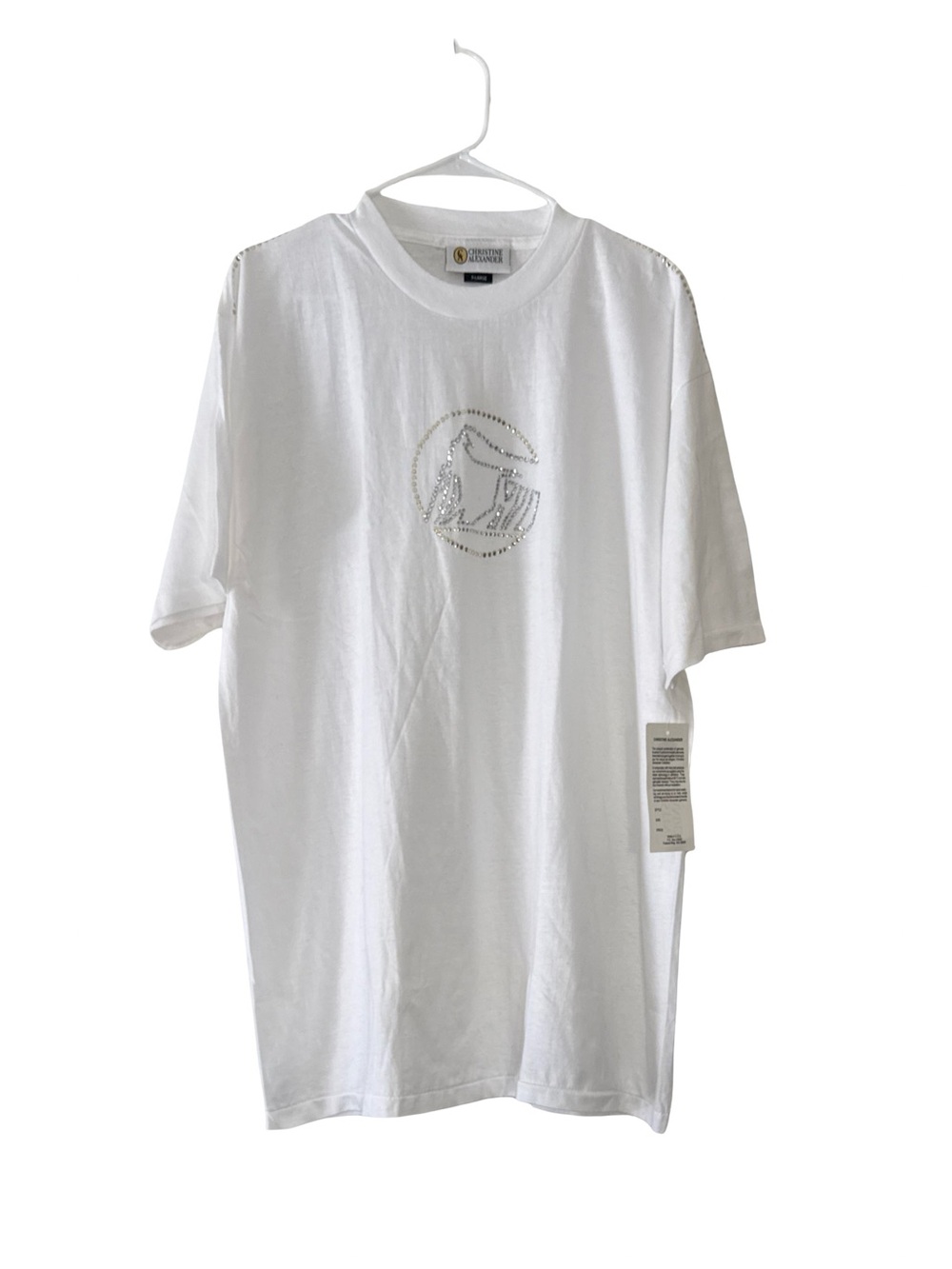 Brand New White Christine Alexander T-Shirt with Rhinestone Logo - SZ XL